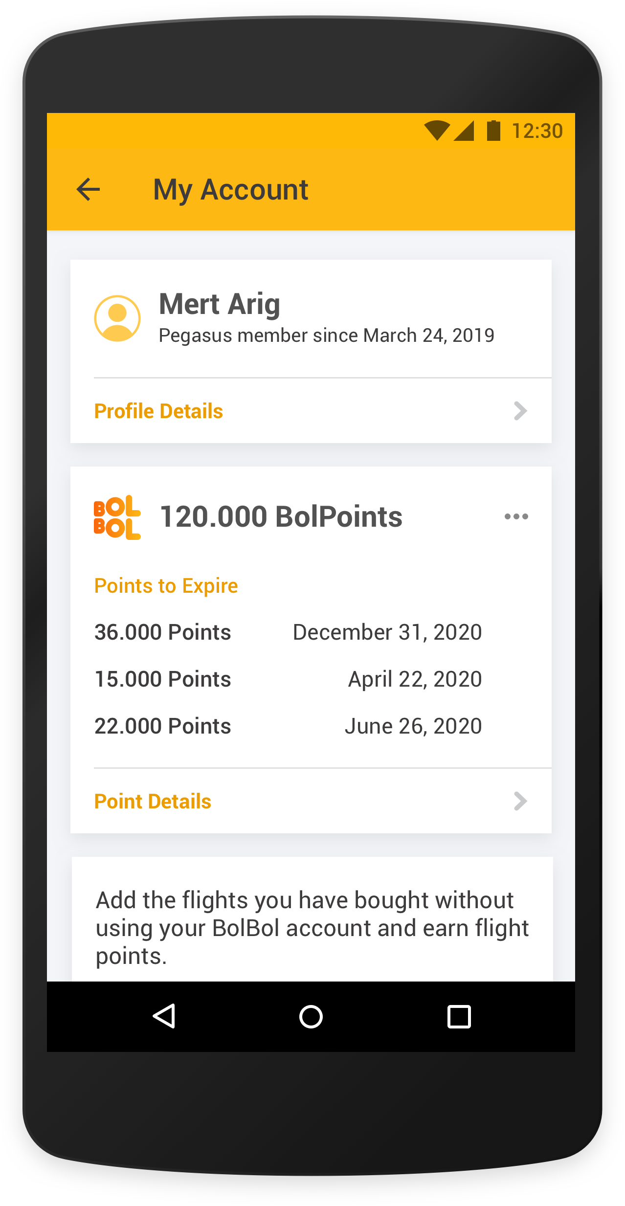 pegasus airlines mobile app account page